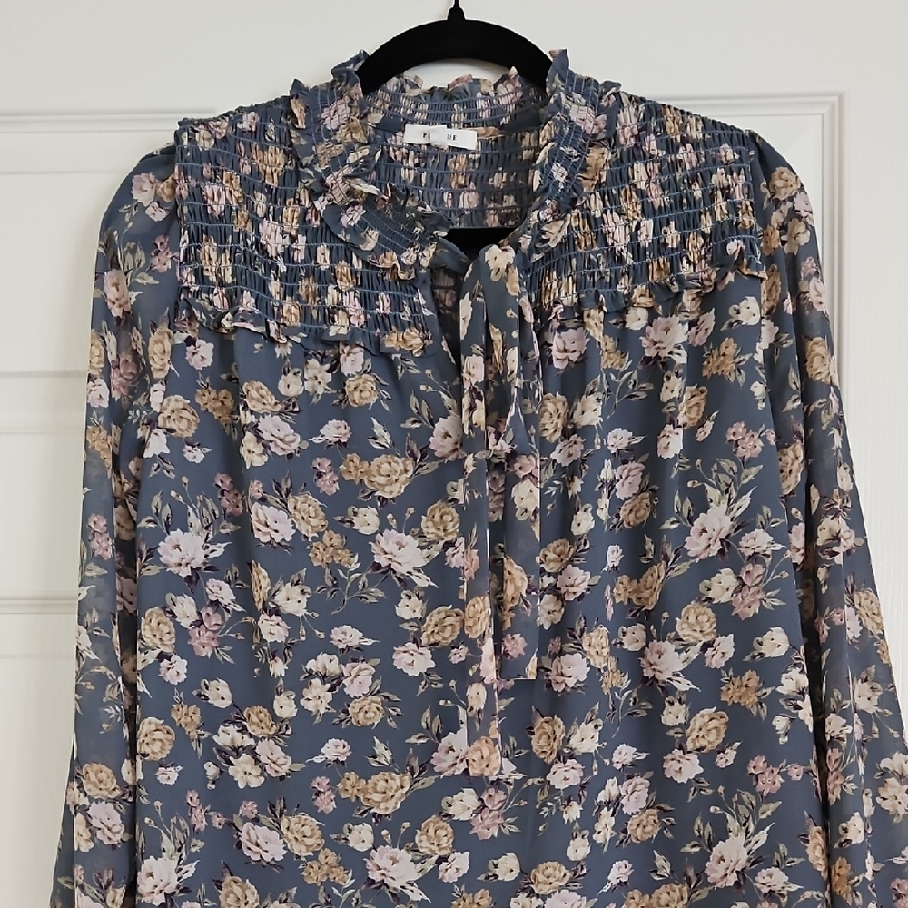 Pleione Blue Floral Ruffle Blouse
